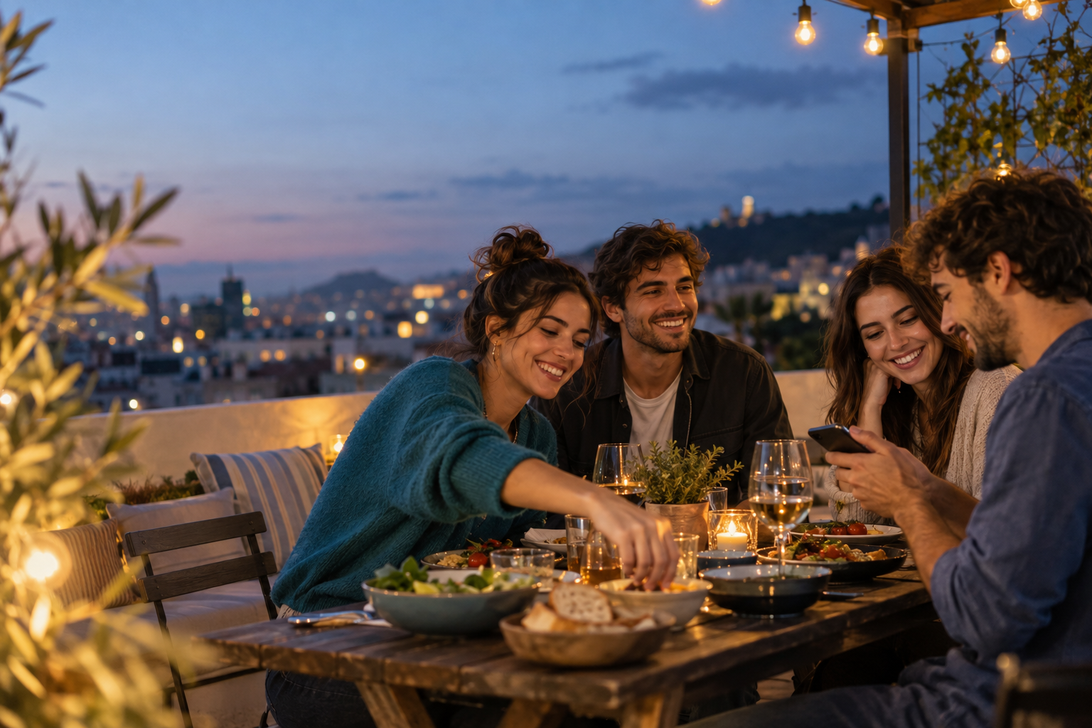 Cuatro amigos cenando juntos en una terraza